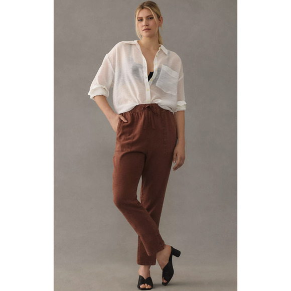 Pilcro Anthropologie Rust Brown Linen Blend Drawstring Ankle Pants Size L Crop - Picture 2 of 8